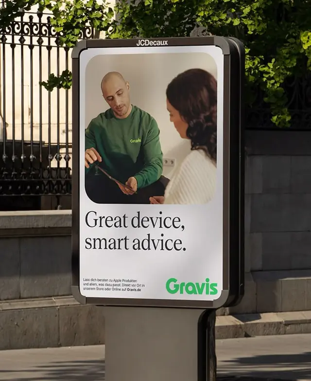 LIT rebrand for Gravis: large two-panel billboard with serif headline and green logo