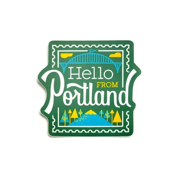 Hello From Portland — green postage-style stamp sticker (vinyl die-cut)