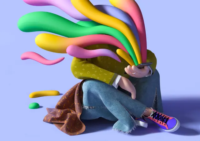 UV Zhu — 3D character with multicolored ribbon forms and smartphone
