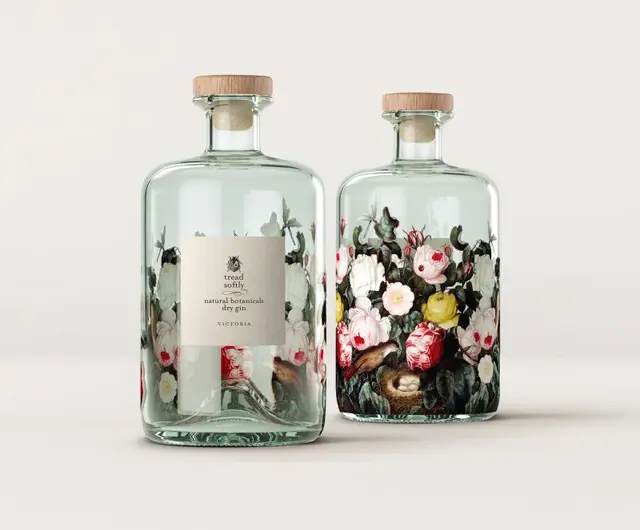 Tread Softly — Denomination floral identity on glass gin bottles