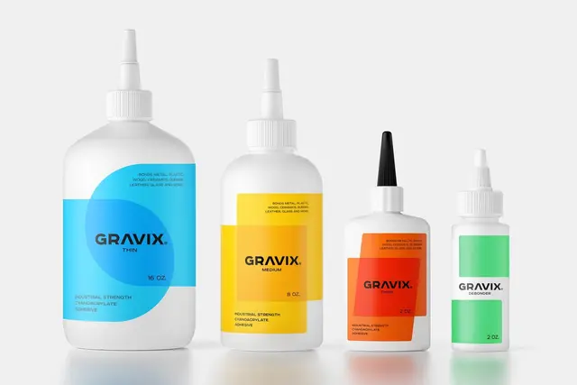 Gravix adhesive packaging — color‑coded squeeze bottles (DIELINE)