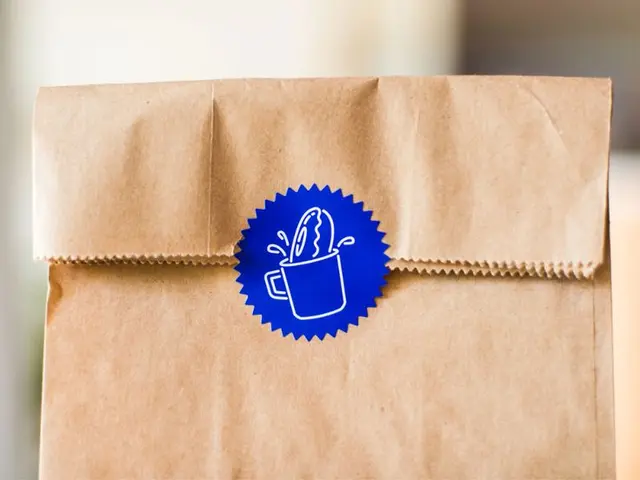 Donut Shop kraft takeaway bag with cobalt-blue scalloped seal — Never Now
