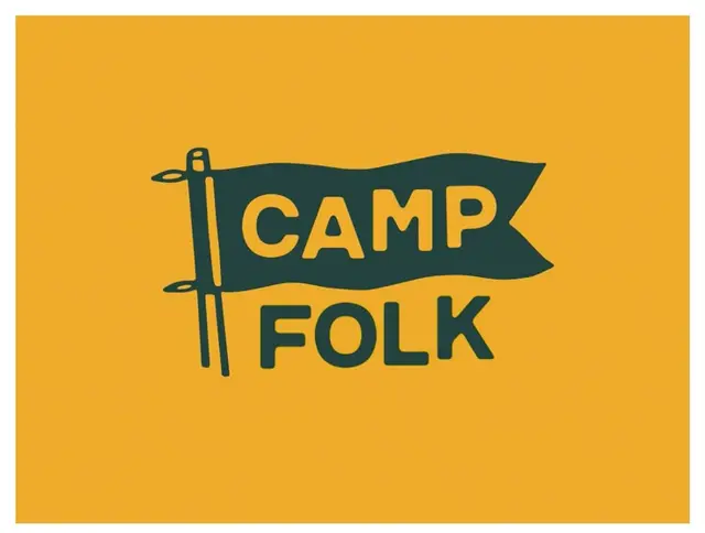 Camp Folk flag logo — mustard & dark teal retro badge