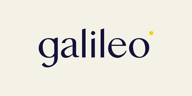 Galileo wordmark — white serif logotype on deep navy with yellow dot