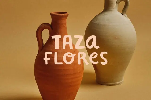 Taza Flores — orange circular TF monogram on amber cocktail with MT Grotesque type sample