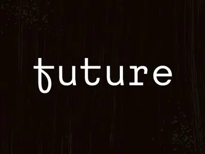 Minimal "future" wordmark on distressed black film-grain background