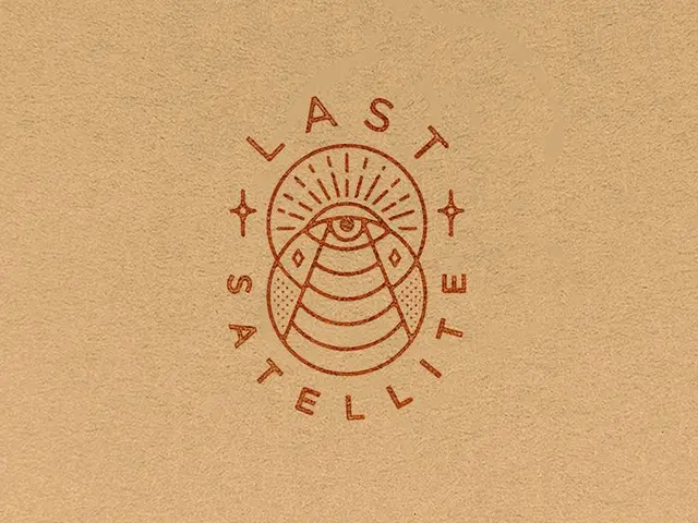 Last Satellite — monoline badge logo on kraft paper