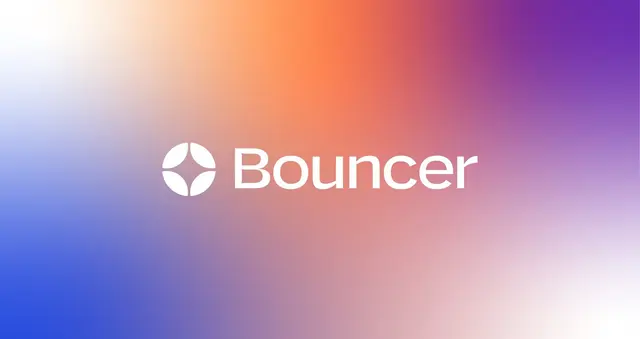 Bouncer wordmark and emblem on blurred multi‑color gradient — Jessica Strelioff