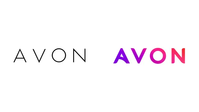 Avon (UK) logo before & after — Bloom identity using purple‑pink gradient