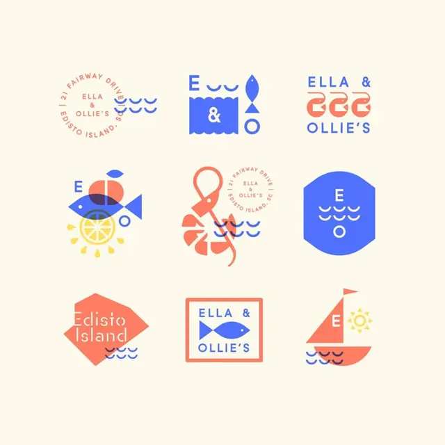 Ella & Ollie's — Edisto Island logo concepts (3x3 grid)