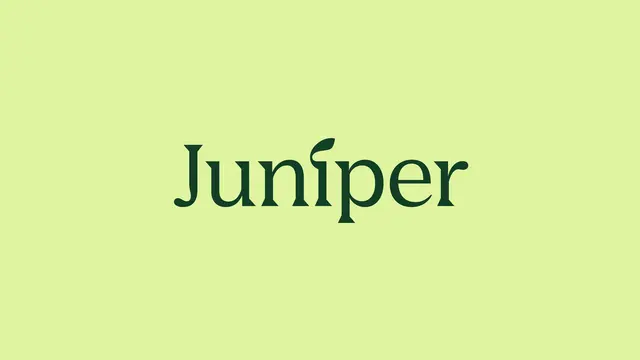 Juniper wordmark — dark green serif logo with leaf motif on pale lime