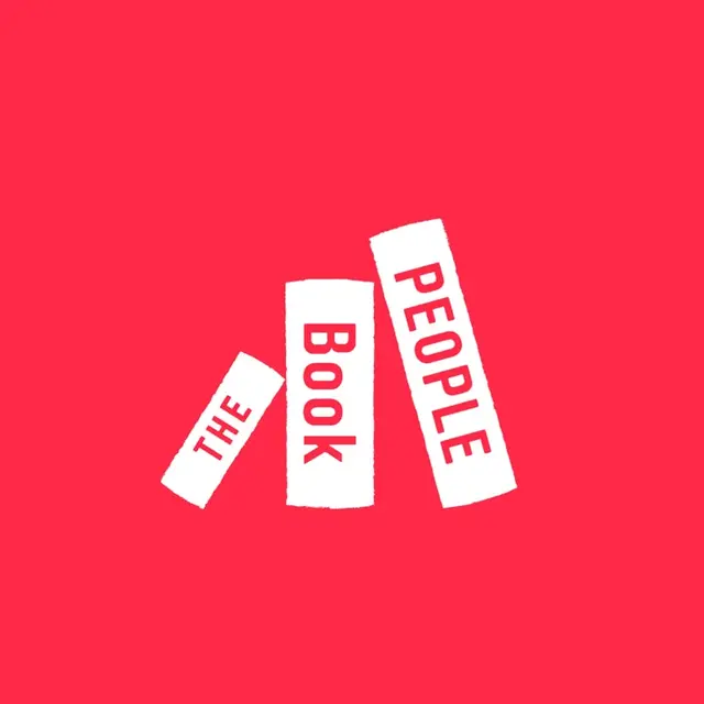 The Book People — stacked book-spine logo on coral red