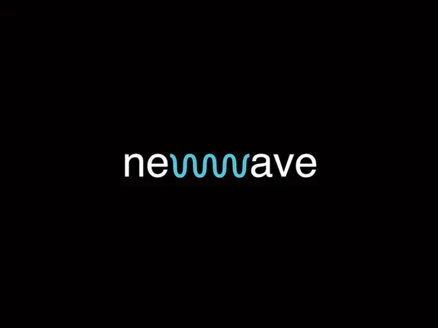 Newwave wordmark with cyan waveform 'w' on black background
