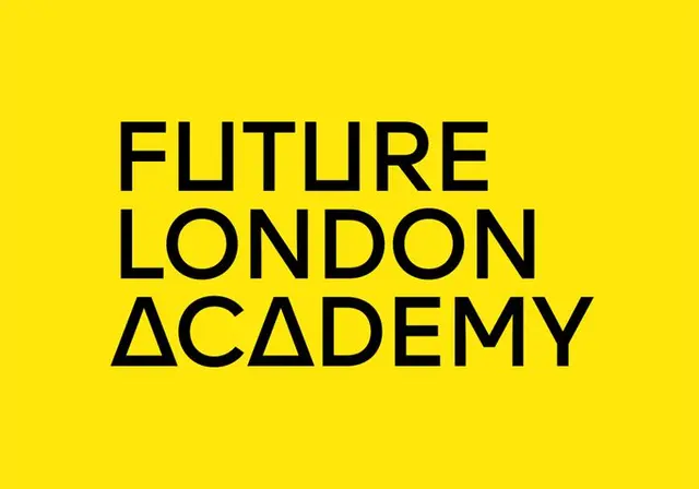 Future London Academy identity — black geometric logotype on vivid yellow (ONY)