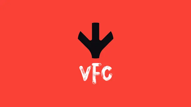 VFC identity — black chicken-foot mark and white brush-lettering on coral-red
