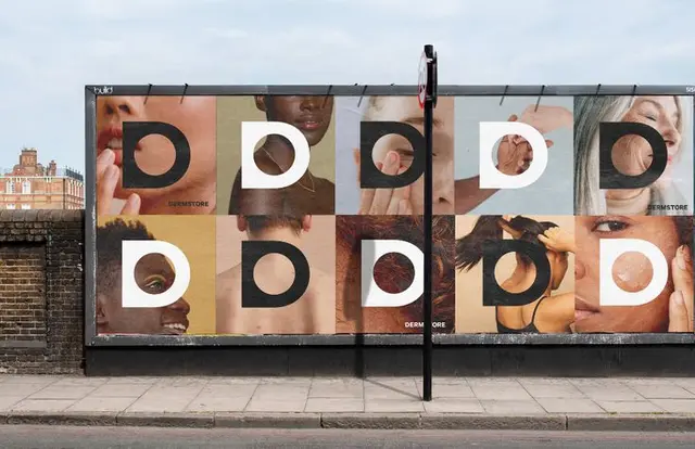 Dermstore outdoor campaign — SLATE billboard grid with oversized 'D' logo
