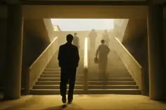 Backlit Stairwell — Silhouetted Figures Ascending into Light