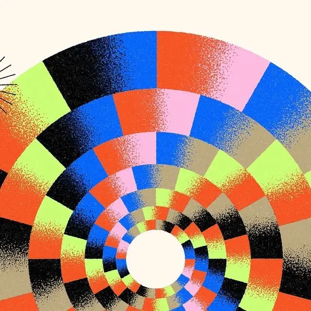 Grainy Halftone Concentric Checker Rings — Bright Op Art Poster