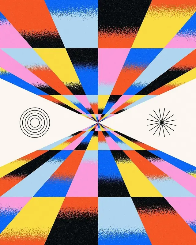 Multicolored Radial Op Art — Halftone Beams Converging to a Vanishing Point