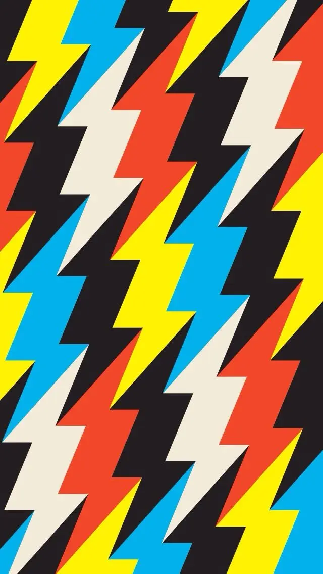 Retro lightning-bolt repeat pattern — yellow, cyan, red, cream on black