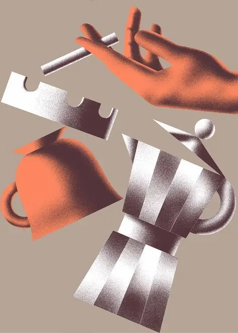 Surreal mid-century still life with moka pot and hand