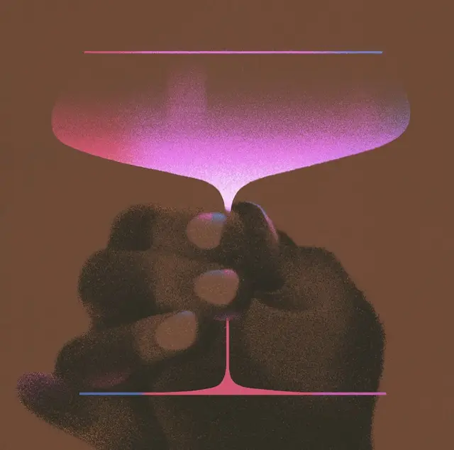 Hand Holding Coupe Glass Stem with Neon Hourglass Glow
