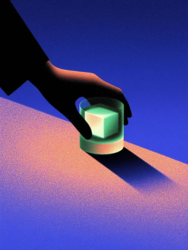 Neon still life: silhouetted hand placing glowing mint cube in glass cylinder