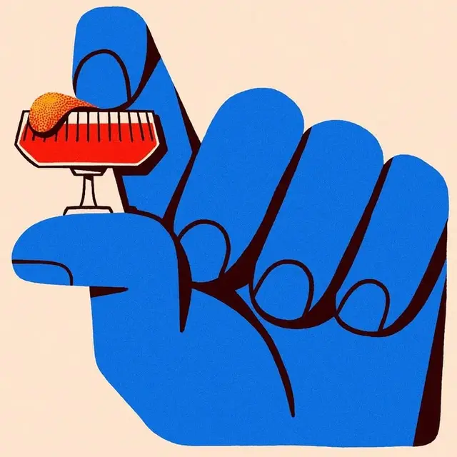 Pop-art blue hand holding a miniature red razor with orange foam