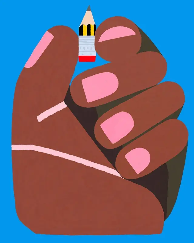 Pop-art illustration: dark brown hand with pink nails holding a tiny pencil on bright blue
