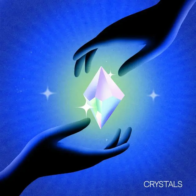Iridescent Faceted Crystal Between Two Hands — Blue Neon Illustration