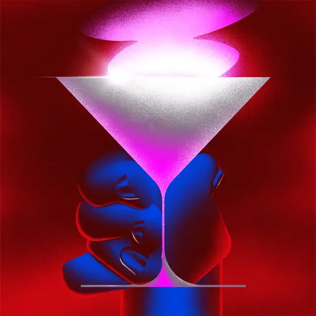 Neon Martini — Blue Gloved Hand Holding Glowing Pink Cocktail