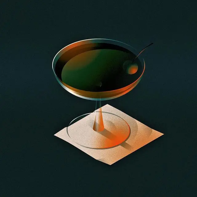 Floating Coupe Cocktail Illustration with Olive and Napkin