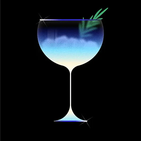 Blue Gradient Coupe Cocktail with Mint Sprig — Digital Illustration