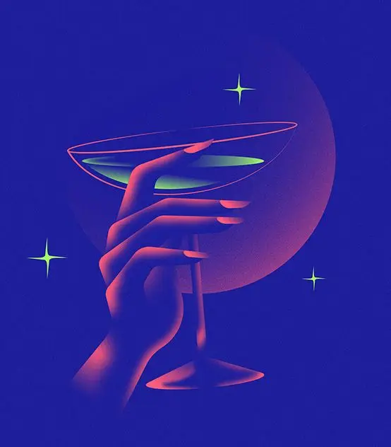 Neon Synthwave Coupe — Hand Holding Cocktail with Moon