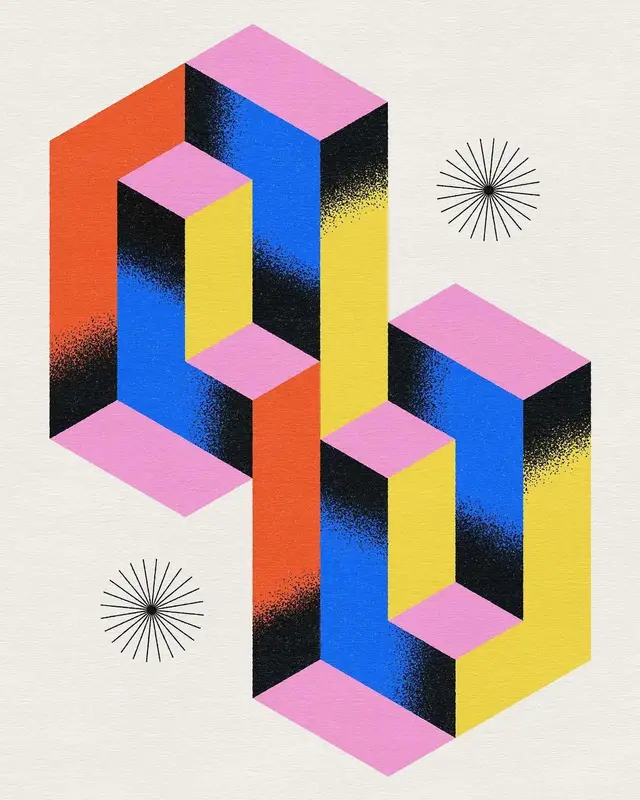 Isometric Halftone Interlocking Blocks — Neon Screenprint Poster