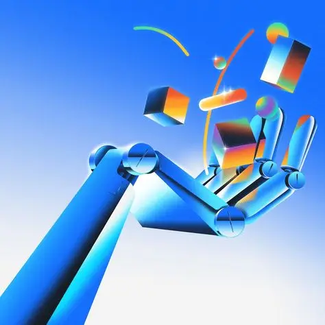 Blue robotic hand with floating gradient geometric shapes — 3D tech illustration