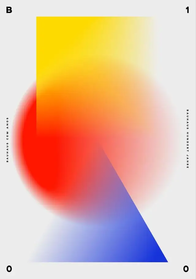 Bauhaus centennial poster — yellow rectangle, red radial disk, blue triangle