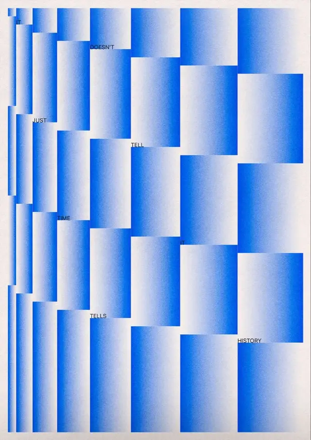 Staggered blue-gradient poster with microcopy — "It doesn't just tell time, it tells h ist