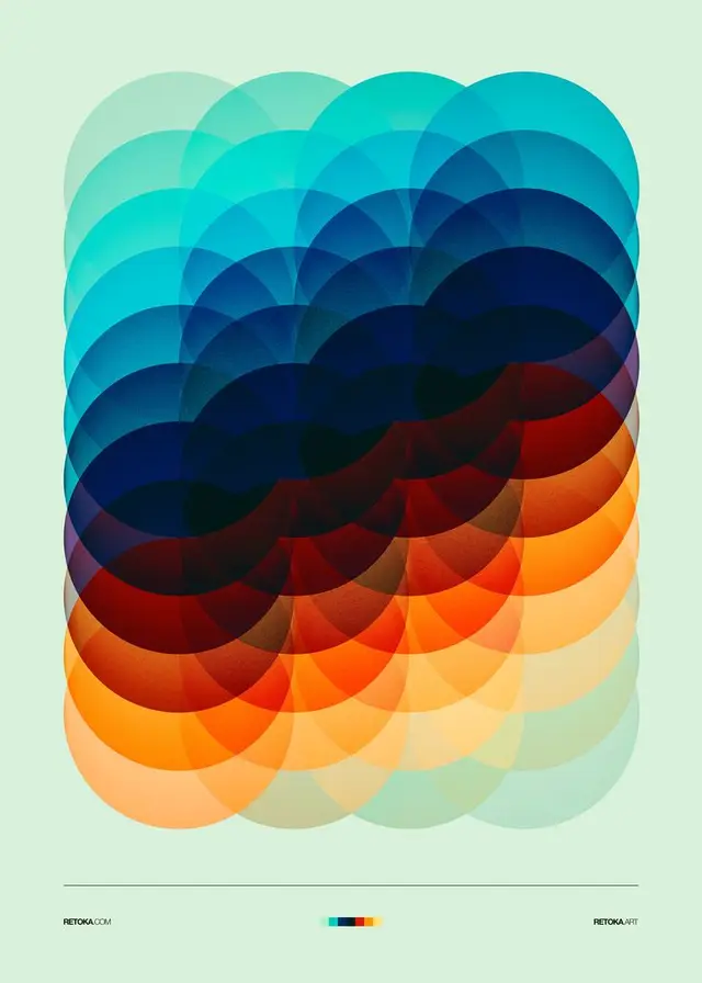 RETOKA overlapping translucent circle poster — teal to orange gradient