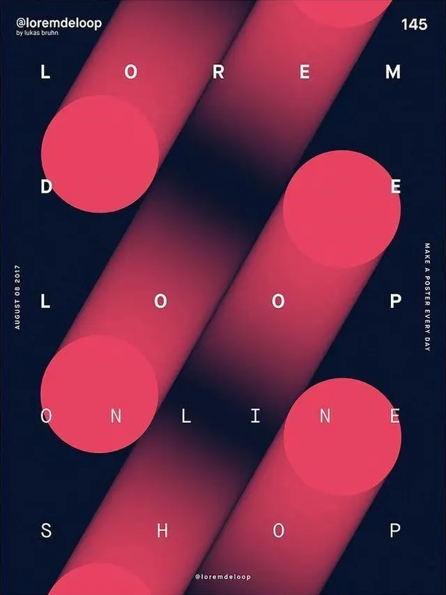 LOREMDELOOP poster — diagonal pink cylinders on dark navy (Lukas Bruhn)