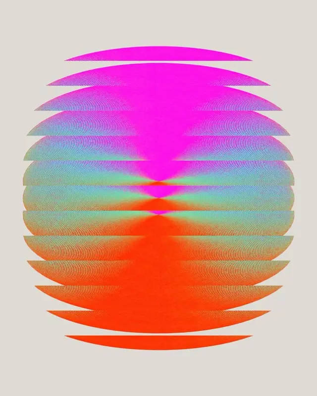 Layered Halftone Sphere — Neon Magenta to Orange
