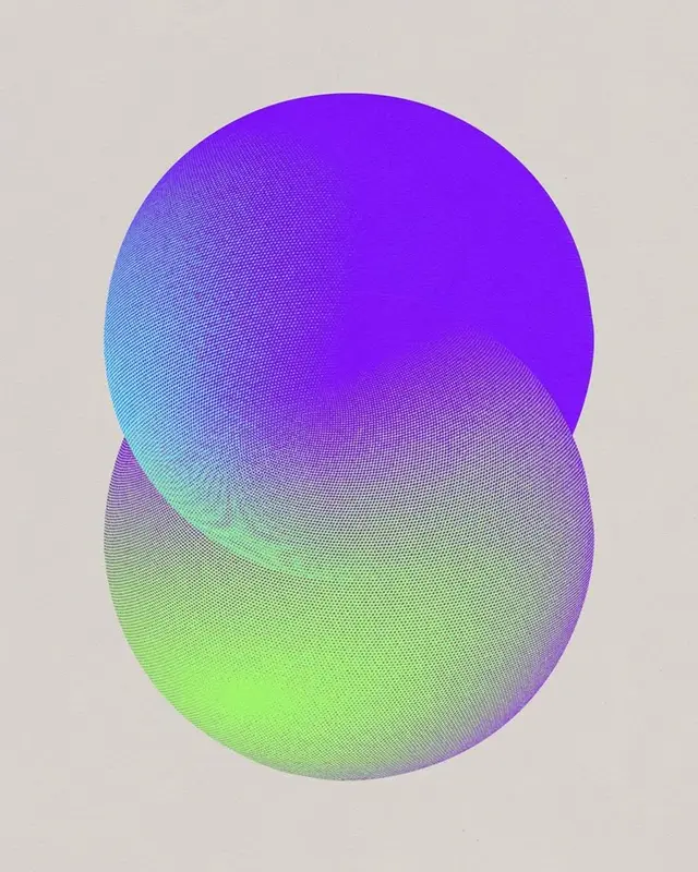Overlapping Halftone Gradient Discs — Purple and Neon Green