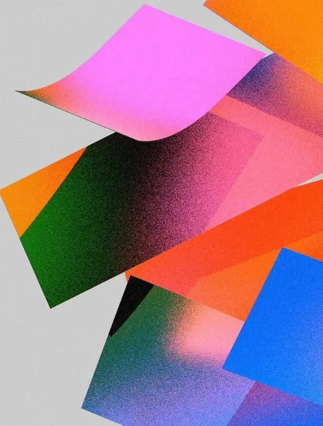 Layered halftone paper collage with neon pink and orange planes