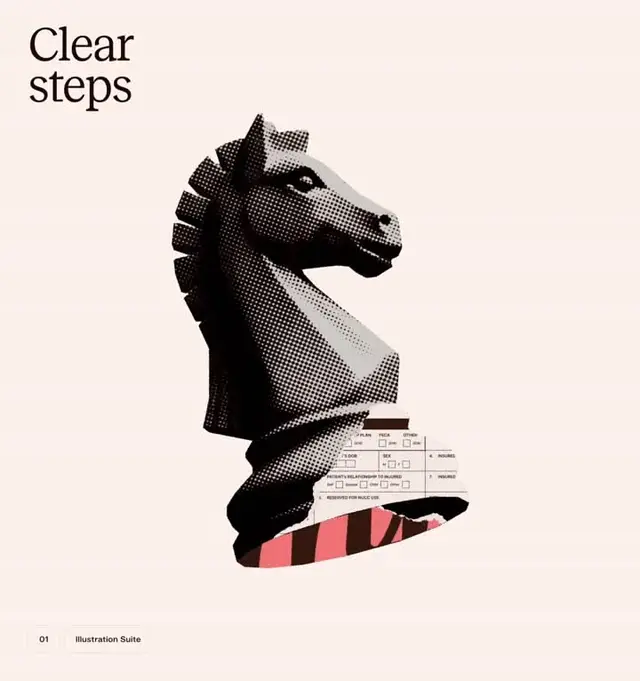 Halftone knight chess bust — "Clear steps" editorial cover