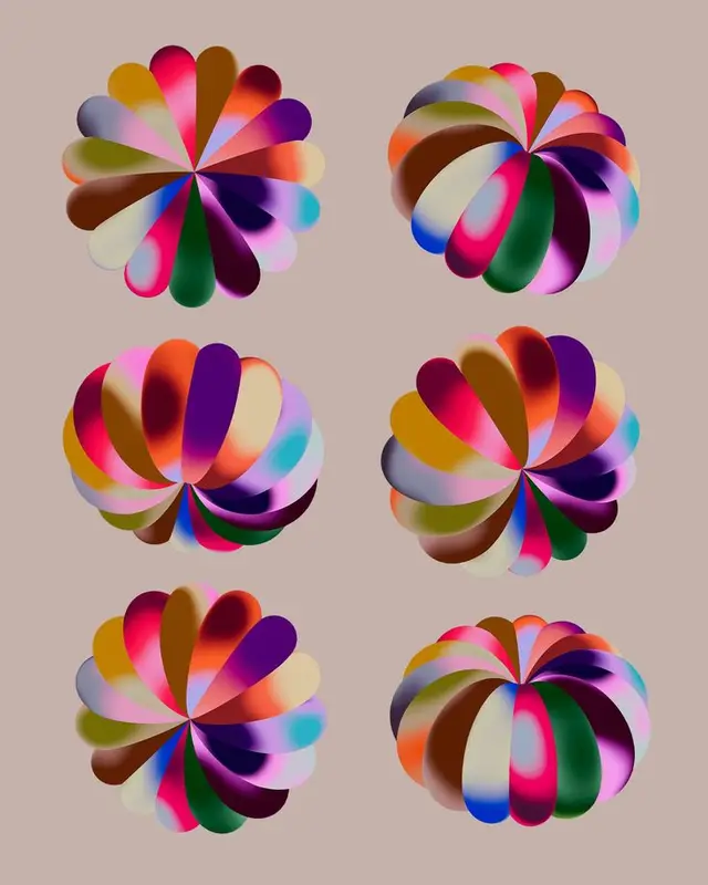 Six Multicolor Ribbon Blooms (Radial Gradient Study)