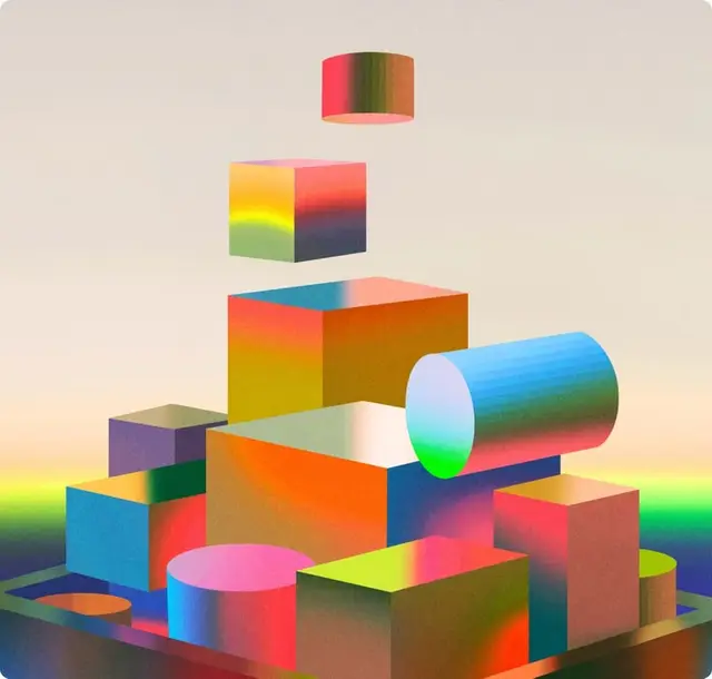 Stacked Rainbow-Gradient Geometric Forms — 3D Digital Still Life