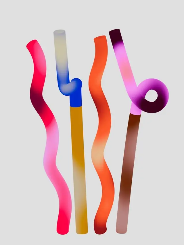 Abstract gradient tubular ribbons on pale gray background