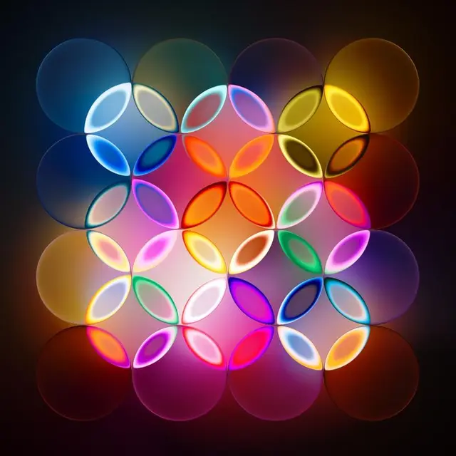 Overlapping Neon Glass Circles — Colorful Vesica Pattern