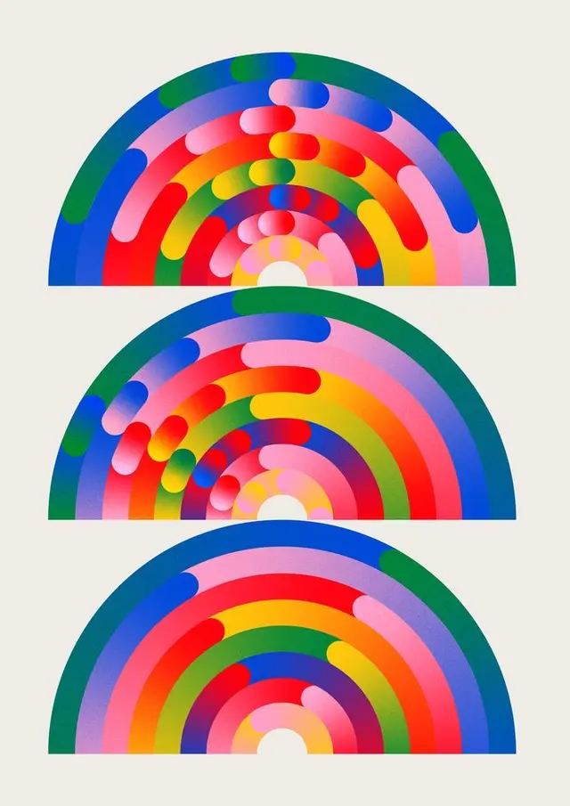 Triptych Rainbow Semicircles with Capsule Motifs