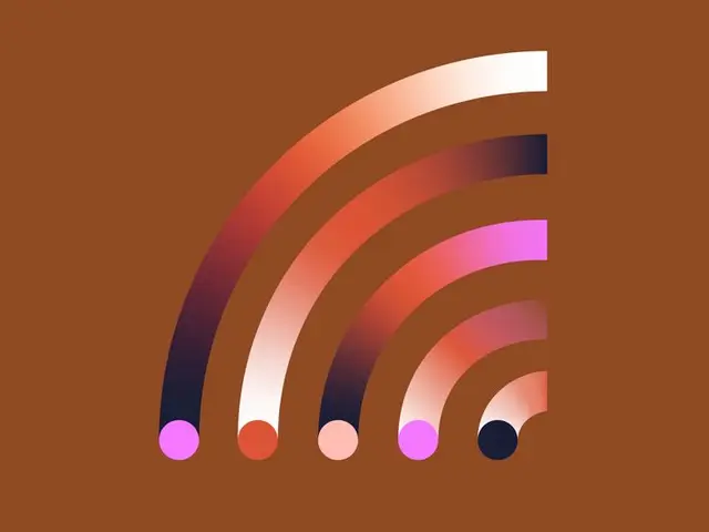 Stylized gradient arcs with circular nodes on warm brown background